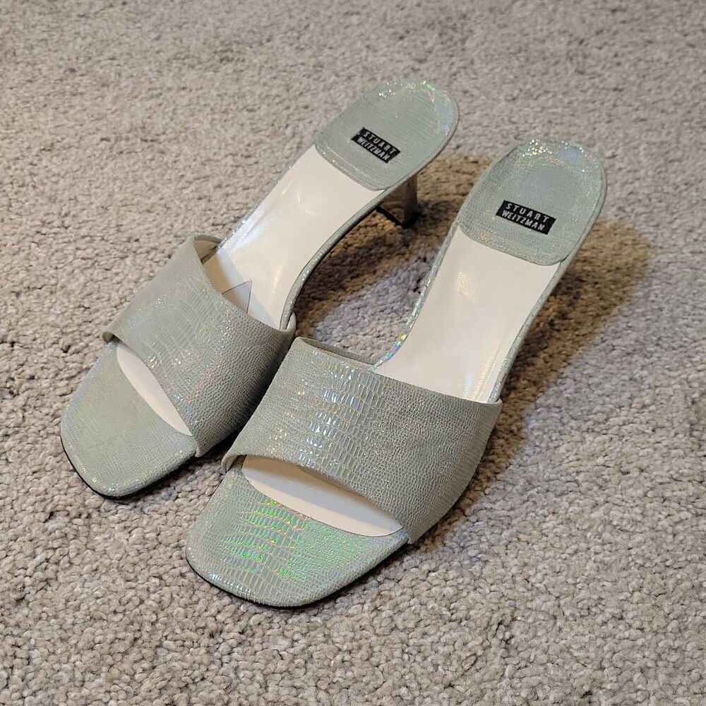 Stuart Weitzman Sandal Women Sz 10 Leather Laser Lizard Heel Shiny Metal